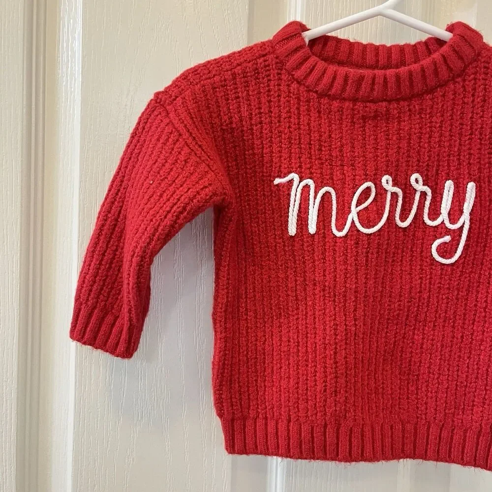 Old Navy Red Merry Embroidered Christmas Sweater Baby Girls Size 3-6 Months NWT
